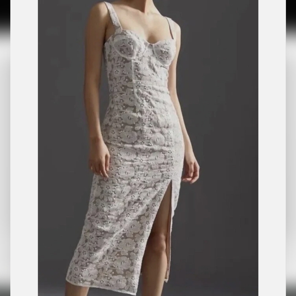 Hutch Anthropologie nude white floral sleeveless slim lace corset midi dress
